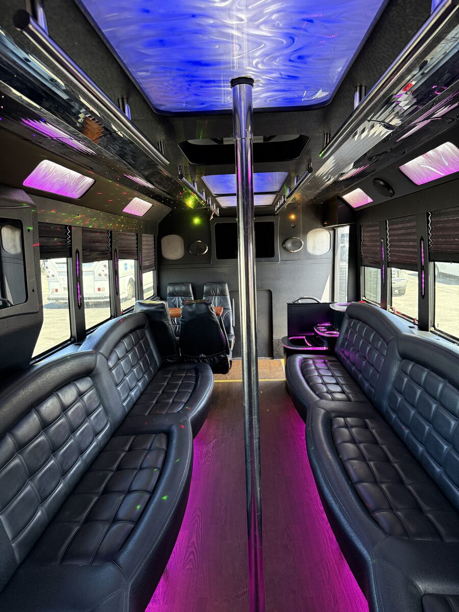 Luxury leather party bus interior with color-changing LED lighting